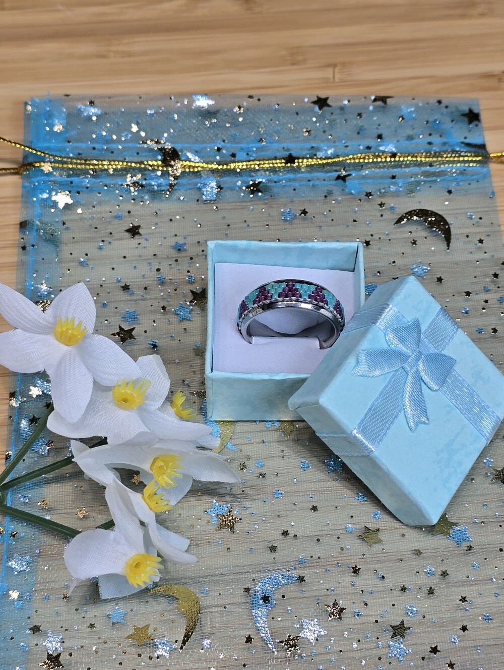 Beaded Pattern Silver Ring in Turquoise & Purple - Picture 2 of 8
